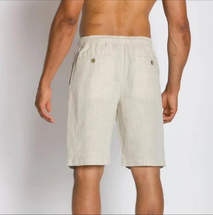 2024 Summer Men's Shorts 5/4 Casual Solid Color Cotton and Hemp Lace Up Button Decorative Shorts