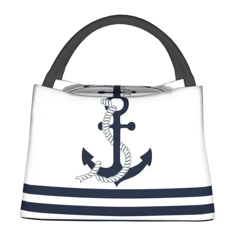 Nautical Blue Anchors With  And White Stripes Lunch Tote Bag for Women Sailing Sailor Portable Cooler Thermal Food  Box