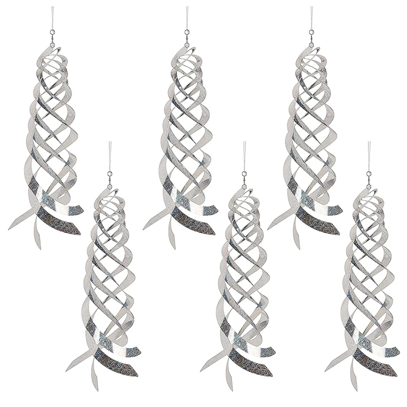 6 Pack Bird Repellent Spiral Reflectors Silver Mylar Spinner, Hanging Reflective Bird Deterrent Device Garden Decorative