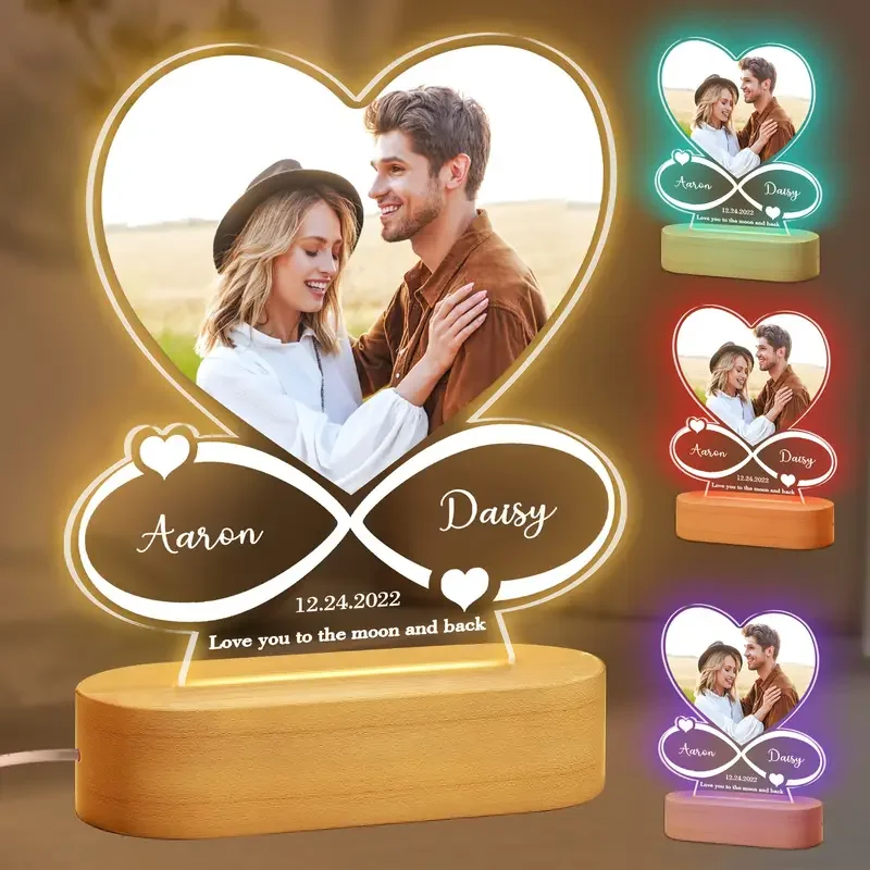 Custom Heart Photo Acrylic Frame LED Light Personalized Anniversary Birthday Gift for Couples Men Women Girlfriend Boyfriend