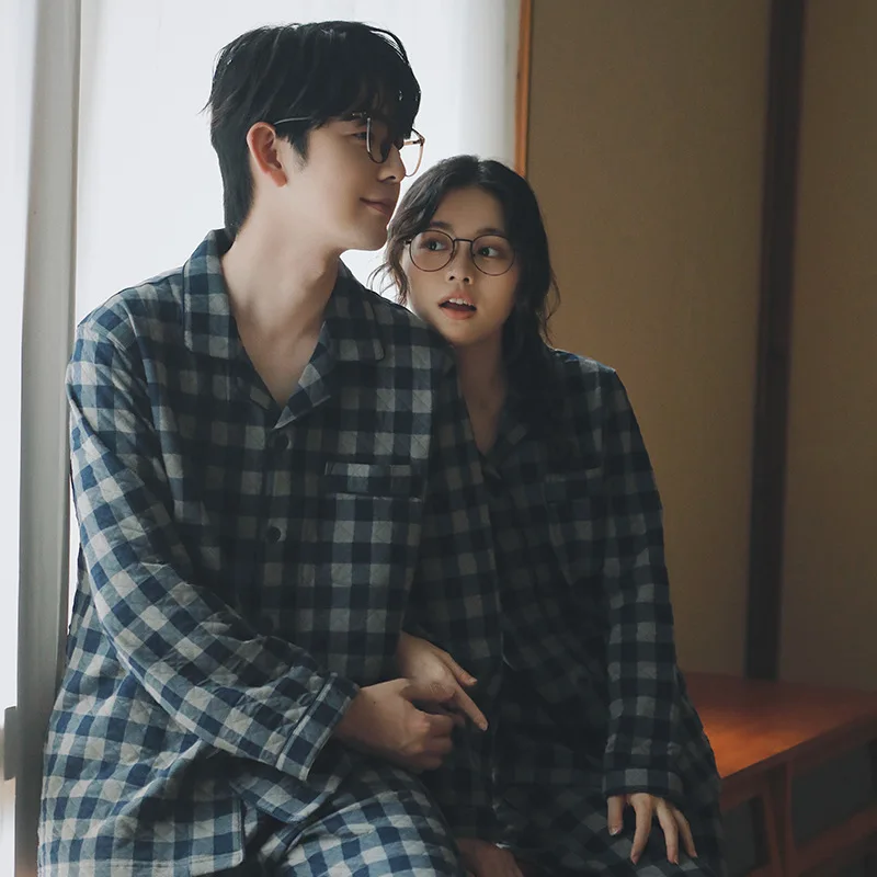 

Couple's Thickened Pure Cotton Pajamas Men's Style Winter Home Clothes Set Large Size Long Sleeve Collar Pants And Shirt