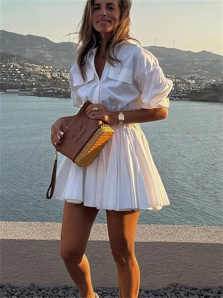 Casual Elegant Female Pleated Dress Patchwork Lapel Pocket Shirts Slim Short Sleeve High Waist Dress Women's Solid Dress