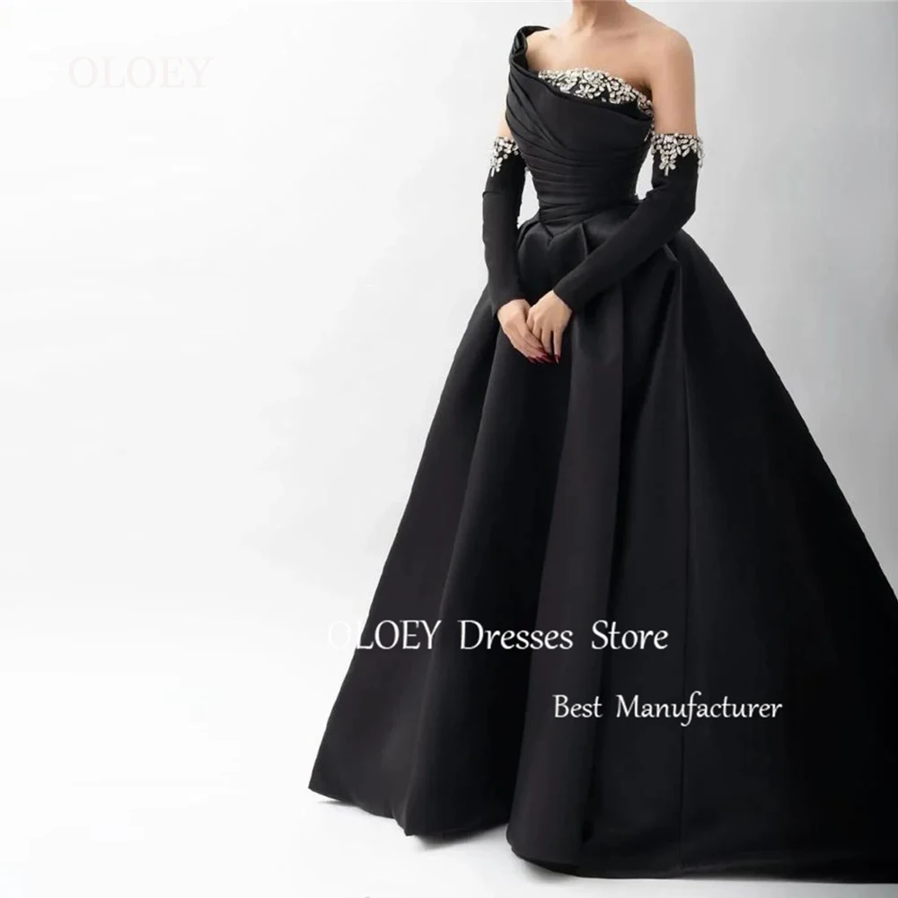 OLOEY Modest Black Red A Line Evening Dress With Dethable Sleeves Arabic Wedding Party Gown Pleats Satin Floor Length Customized