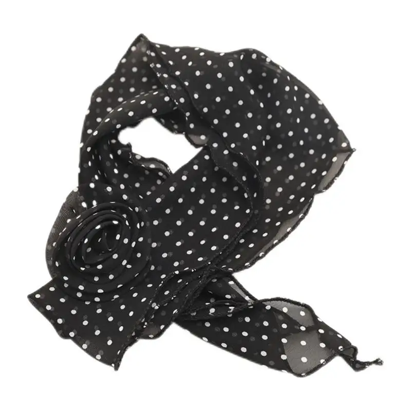 

652F Soft Silk Like Scarf Breathable Kerchief for Women Feature Classical Round Dot and Rose Design Stylish Neck Accessory