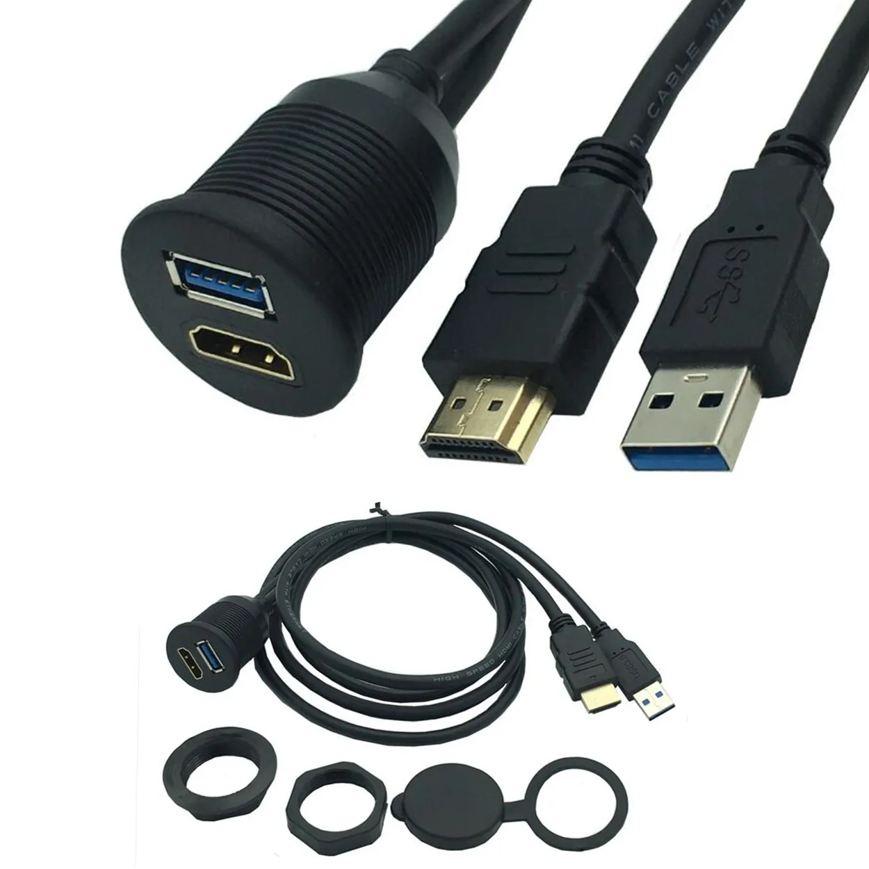 Car Boat Dash Flush Mount USB 3.0  A Male to A Female +HDMI-compatible A Male to Female   Extension Cable Lead Mounting Panel