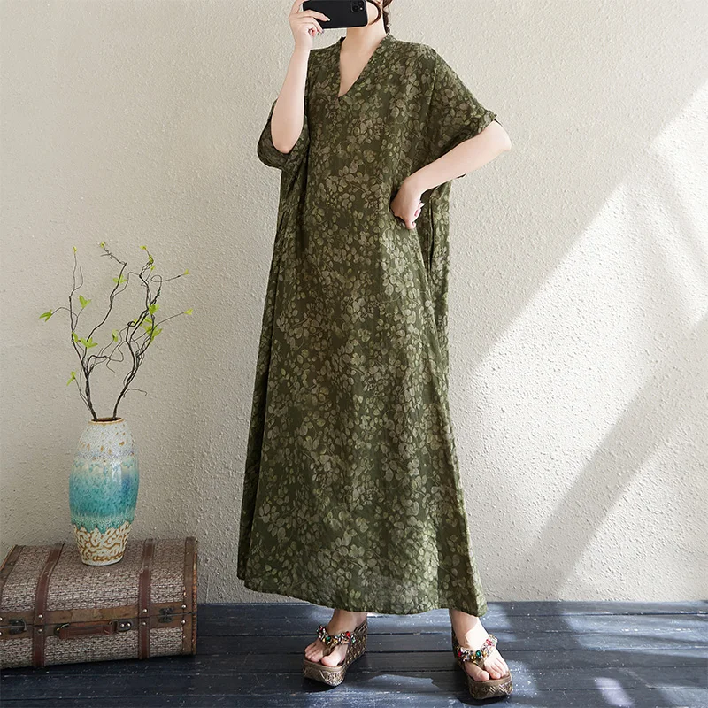 

Summer V-Neck Loose Cotton Linen Long Beach Skirt Vacation Style Cover up Robe Large Size Casual Commute Loose Fit Dress