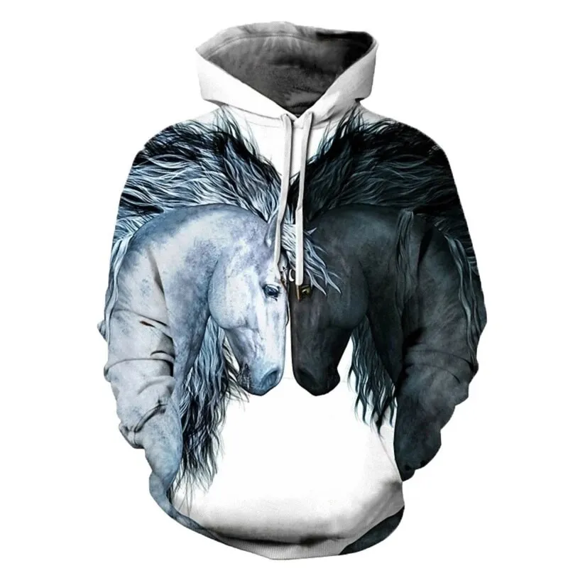 2024 new autumn 3D printed men\'s hoodie animal horse pullover loose sportswear casual men\'s fashion pullover