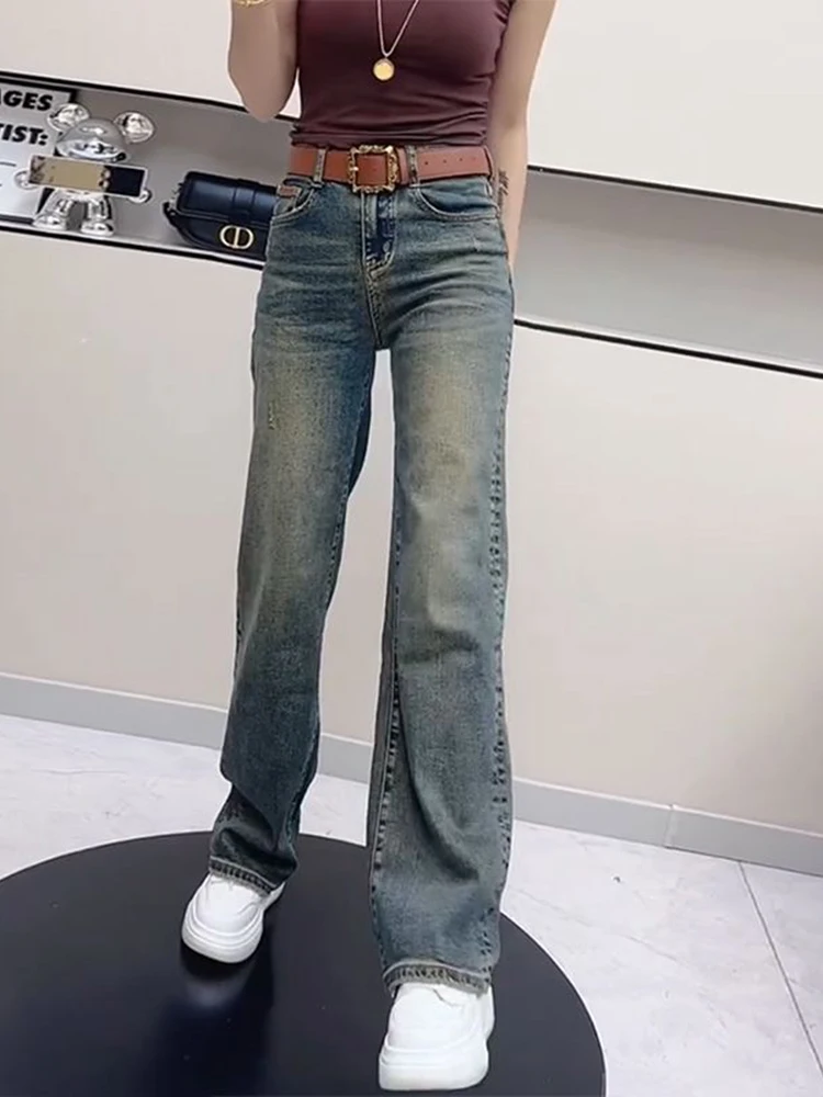 

Женские узкие джинсовые брюки большого размера в стиле ретро, осень 2021, новые утягивающие прямые широкие брюки с высокой талией