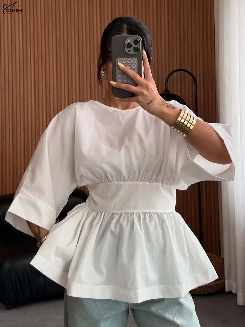 

Oymimi Casual Yellow Cotton Woman Blouses Fashion O-Neck Three Quarter Sleeve Loose Blouses Elegant Solid Pleated Shirts Female