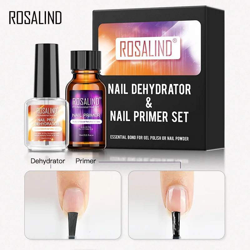 ROSALIND Nail Primer And Nail Prep Dehydrator Set 15ML No Need of UV LED Lamp Manicure for Nail Art Gel Nail Polish