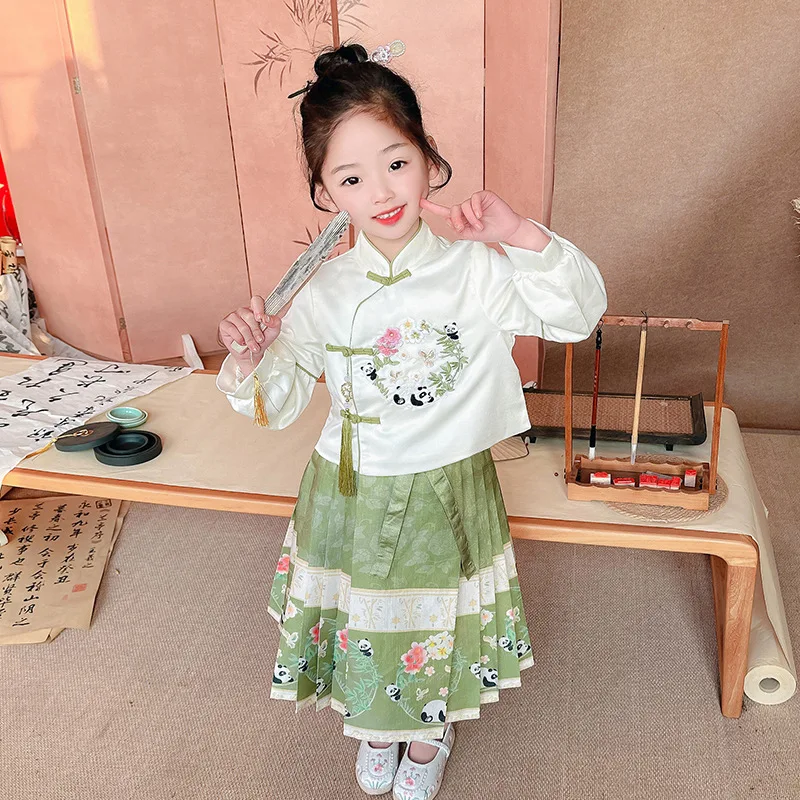 

Spring And Autumn New Girl's Chinese Style Hanfu Ma Mian Skirt Set Primary School Student Birthday Two Piece Long Sleeve Skirt