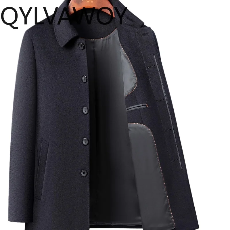 

QYLVAWOY 100% Wool 2025 New Mid-Long Style Woolen Coat Spring Autumn Dad's Outfit Middle-Aged Elderly Wool Jacket Top LJ2283