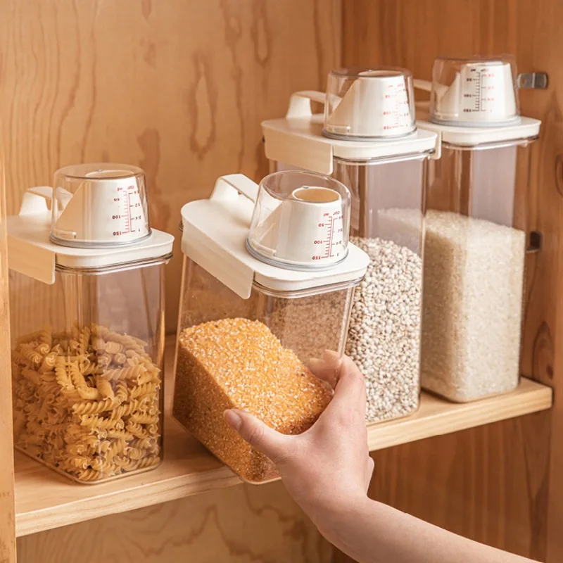 Plastic Food Storage Box Kitchen Rice Storage Box Dispenser Sealed Grain Jar with Measuring Cup Washing Powder Liquid Container