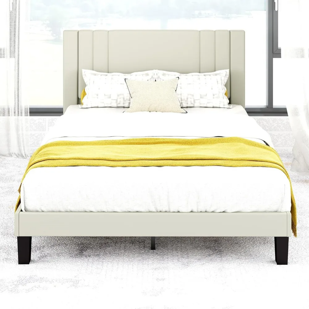 

Queen Size Bed Frame, Velvet Upholstered Platform with Headboard, Beige(Beige, Queen, Bed