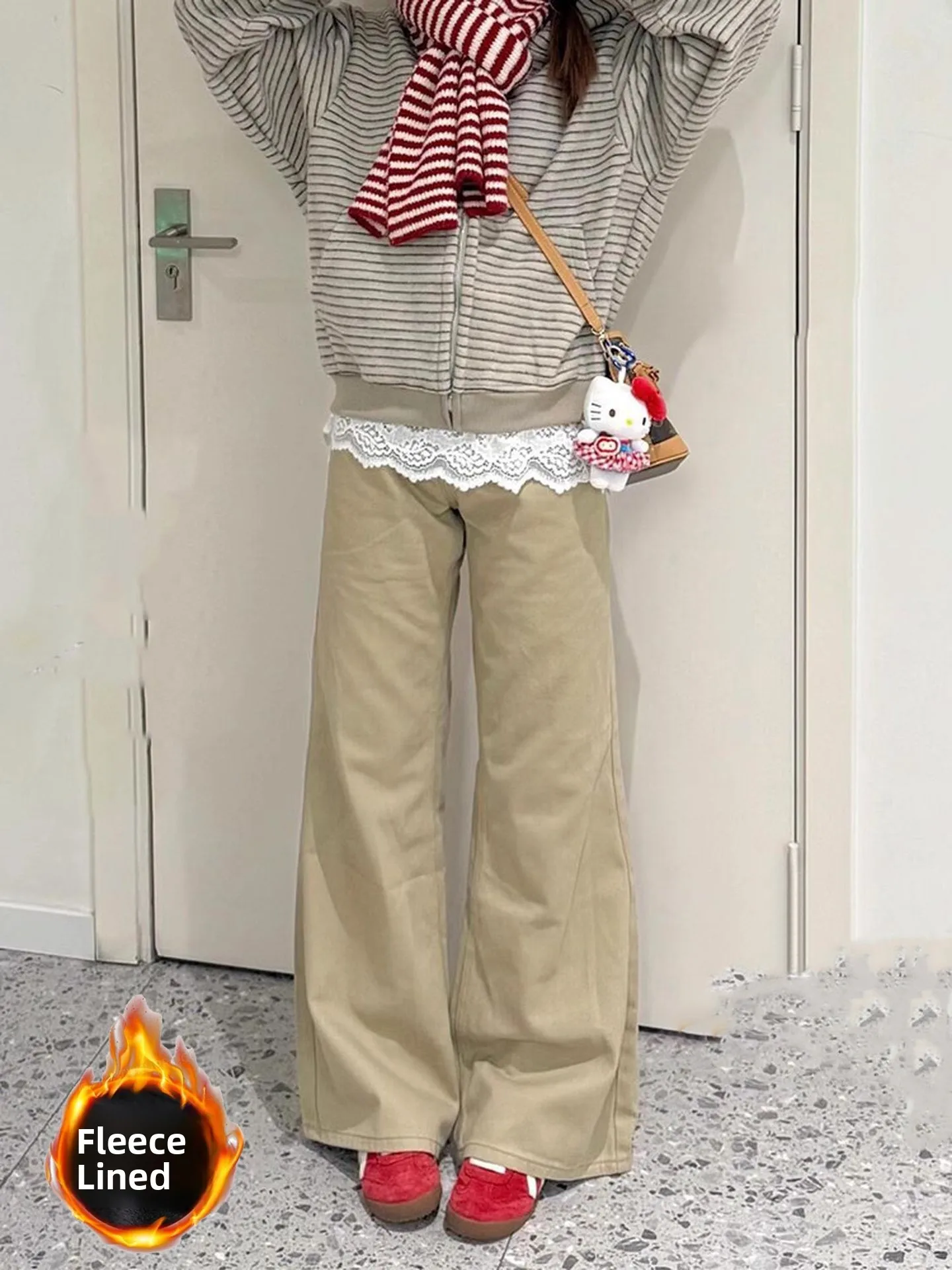 Retro American Fce Lined Khaki Loose Women's Jeans Autumn Winter plus Size Slimming Wide Leg Pants High Waist Zipper Closure