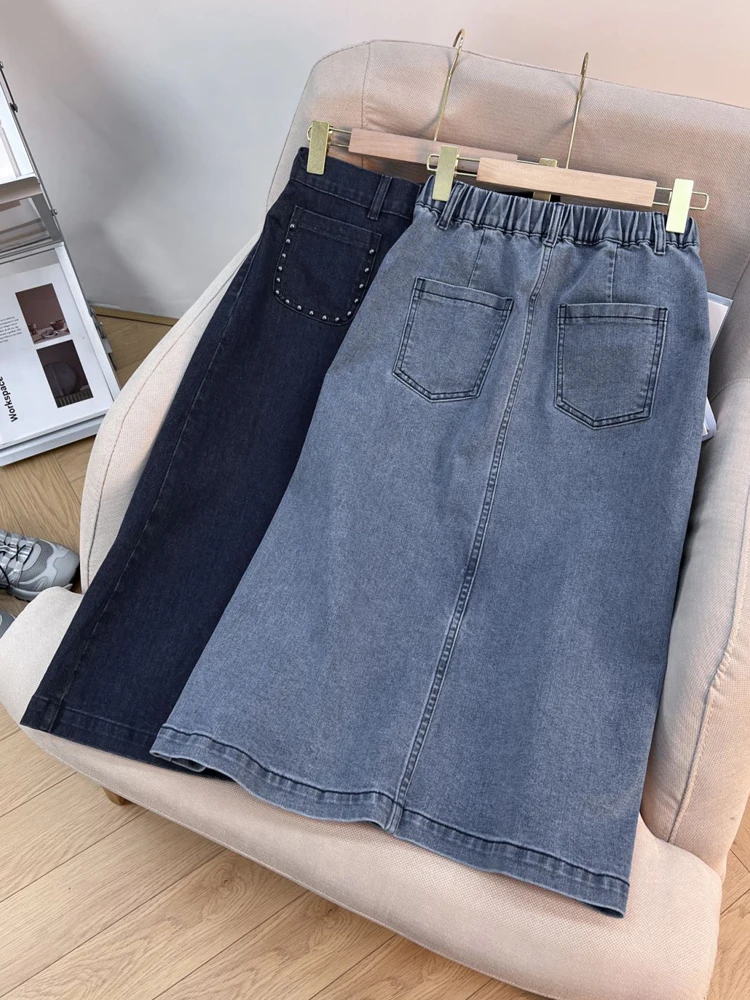 Retro Denim Skirt Women Summer New Elastic High Waisted Split A-line Mid Length Jean Skirt Fashion Rivet Double Pocket Skirts