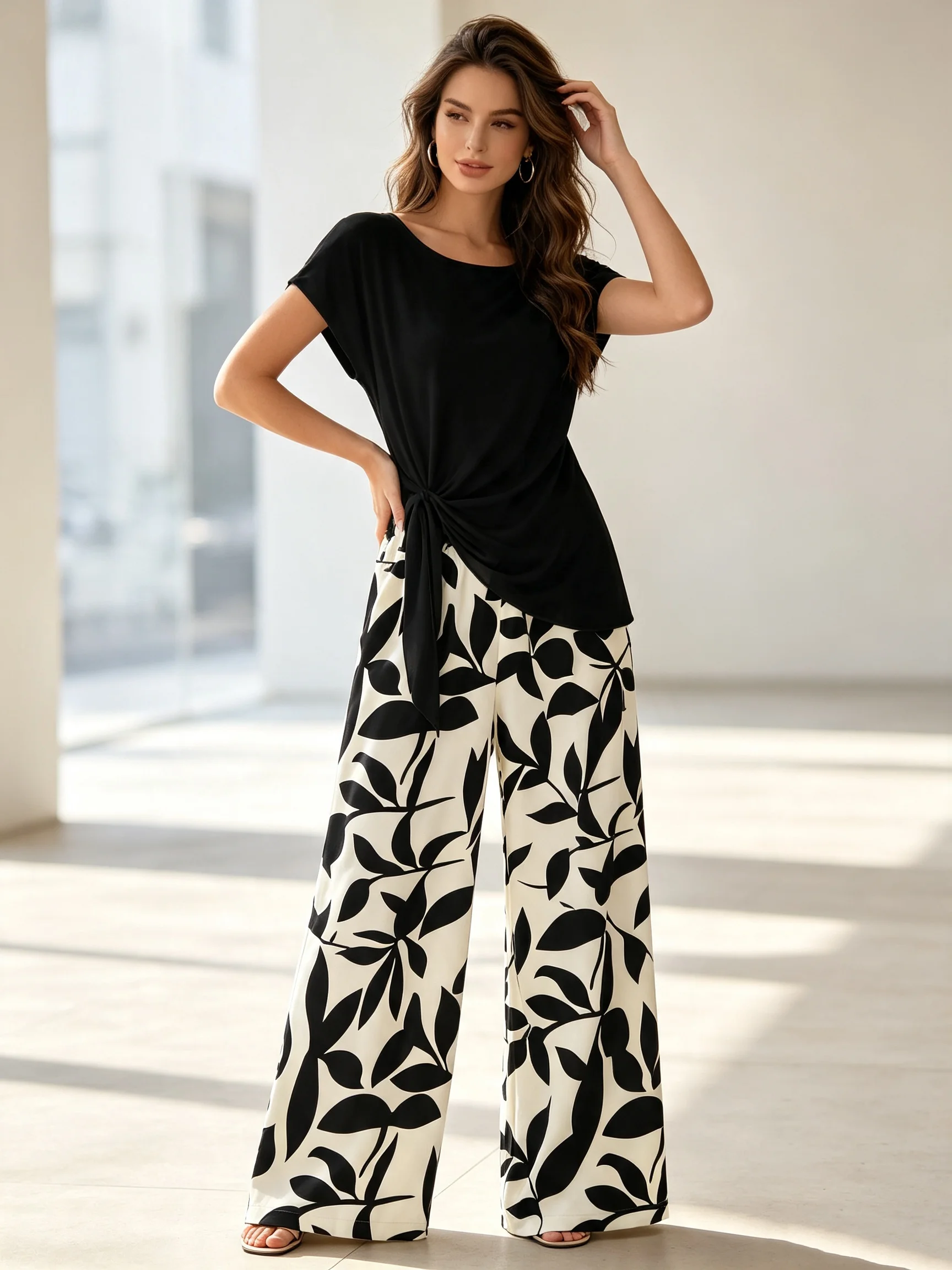 Ensemble deux pièces grande taille pour femme, style décontracté, t-shirt noir torsadé sur le côté et pantalon large à imprimé feuilles noir et blanc, tenue décontractée