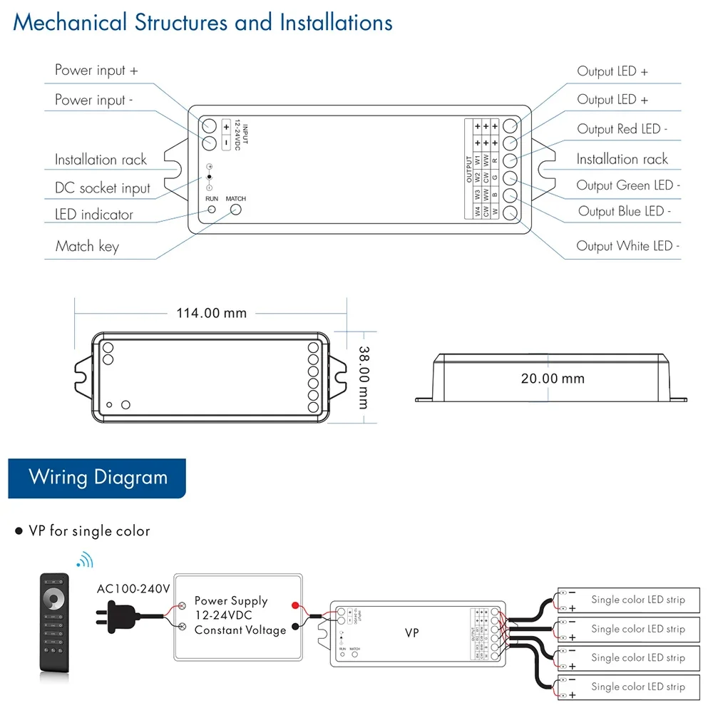 DC 12V 24V LED Dimmer 4 Channel 15A PWM Wireless RF 2.4G Remote Controller 4 Way LED Dimmer Switch for Single Color LED Strips