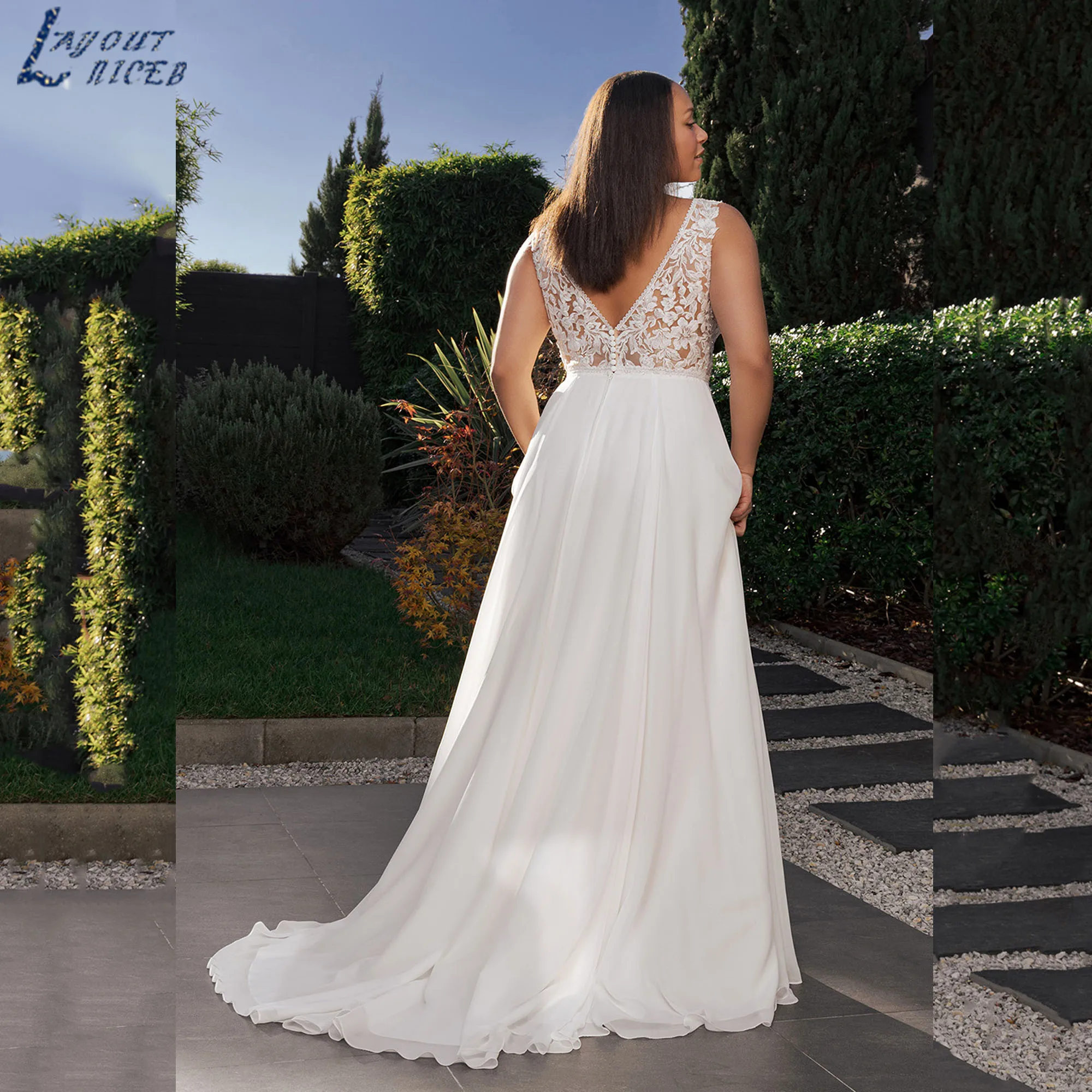 

Plus Size Bridal Dress Chiffon V-Neck A-Line Backless Lace Wedding Gowns Curvy Size Boho Sleeveless vestidos de novia Customized