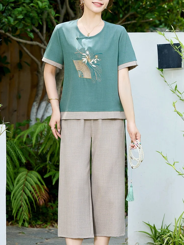 

Summer Cotton Linen Set for orter Mothers 2025 New Sle Mid-aged Women ort Sve T-irt Top Two-piece Set Faionable ...