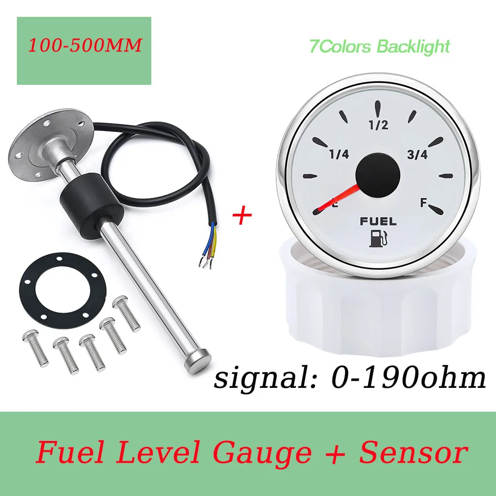 Universal Gasolin Fuel Meter for Car 12v 52MM Gauge Indicator 0-190ohm Stainless Steel Fuel Level sensor with 7colors Backlight