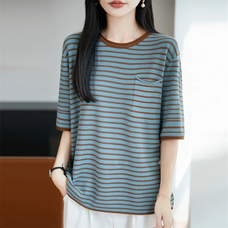 

Women's Fashion Half Sleeve Knitted Round Neck Thin Loose Summer Striped T-shirt Breathable and Comfortable Pocket Top