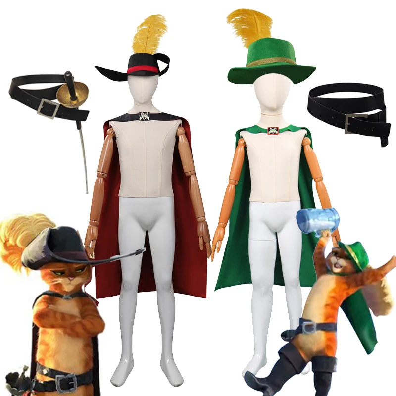 Costume de Cosplay de dessin animé pour enfants, bottes de bande dessinée, chapeau, cape de ceinture, robe fantaisie d'halloween pour jeu de rôle, vêtements de fête