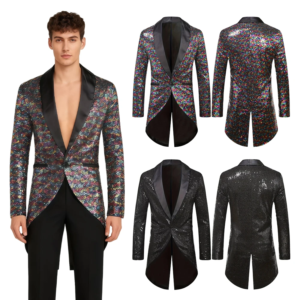 

Fashionable Luxury Sequin Glitter Tailcoat Suit Men Single Button Suit Jacket Party Performance Singer Clothing Prom Costume