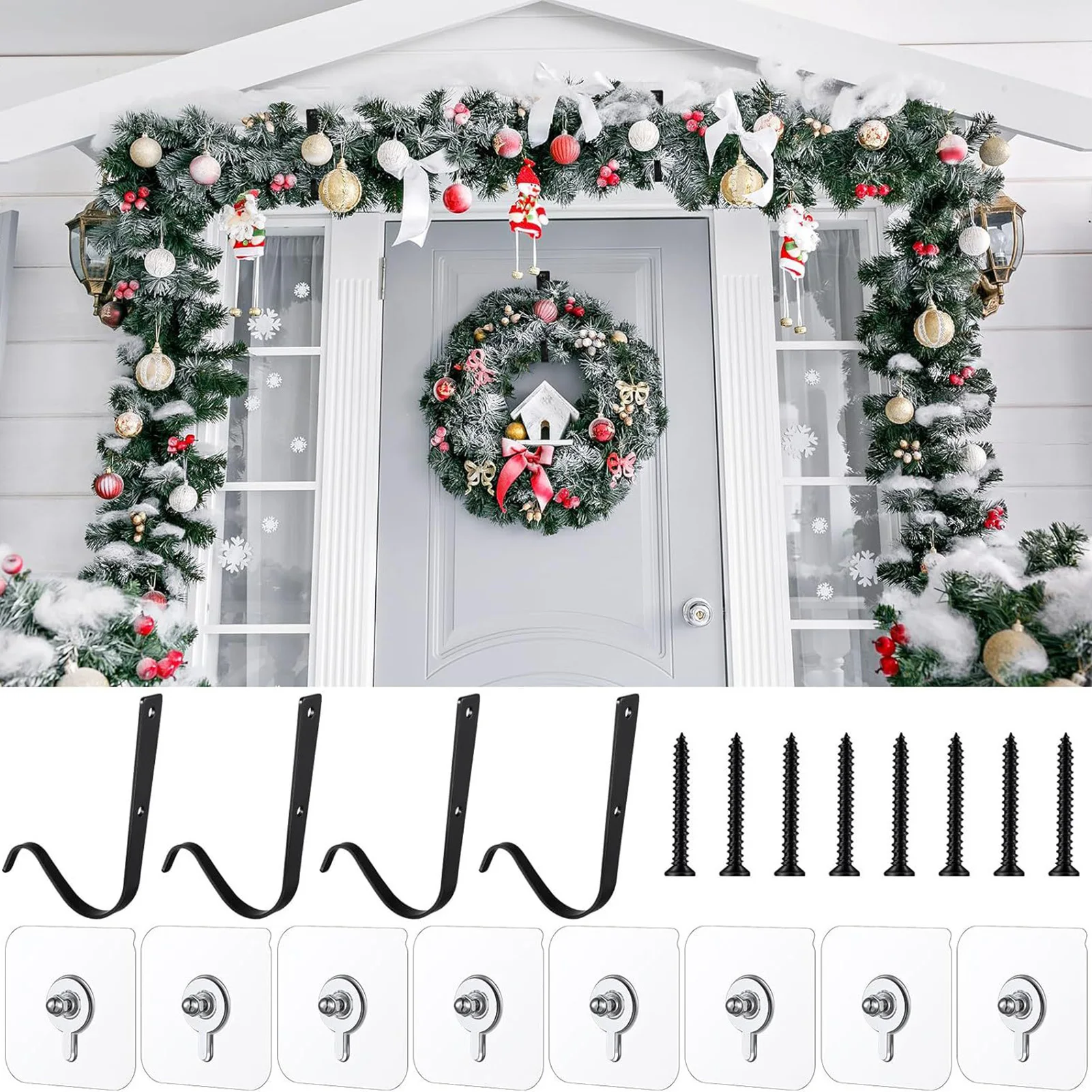 4PCS Christmas Garland Hangers with Self-adhesive Screws Not Damage Door Frame Suitable for Hanging Keys Bags