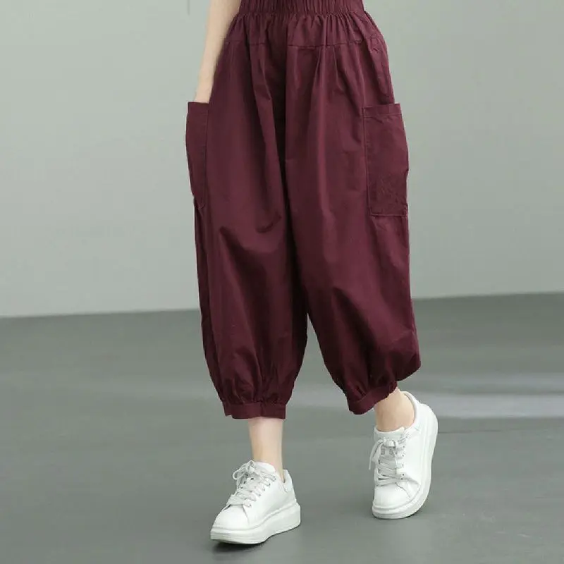 95% Pure Cotton Side Double Pocket Panels Harem Pants Lady Spring Summer Solid Elastic Waist Loose Bloomers Nine Points Trousers