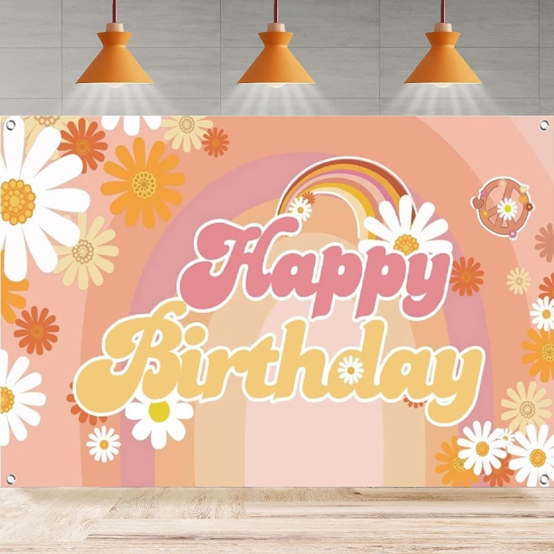 Groovy Photography Backdrop Hippie Happy Birthday Daisy Flower Boho Background Home Party Backdrop Wall Banner Decor Baby Shower