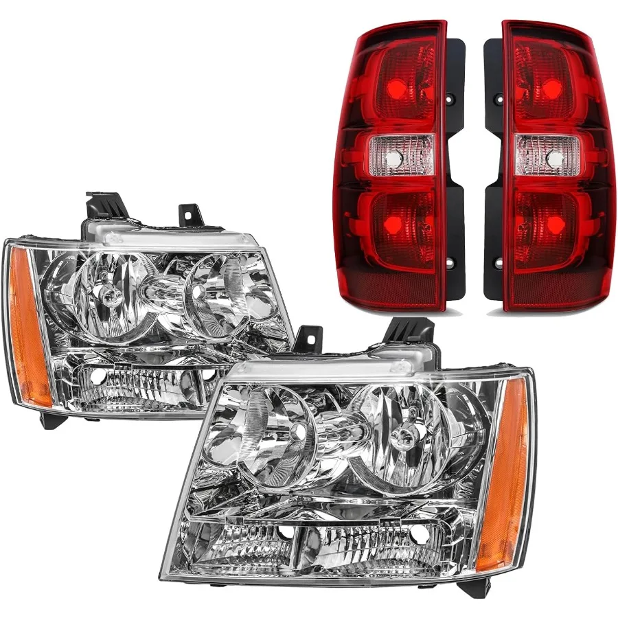 

Headlights Tail Lights Assembly Kits Replacement for 2007-2014 Chevy Tahoe07-13 Suburban chrome Housing Headlights w OE Style Ta