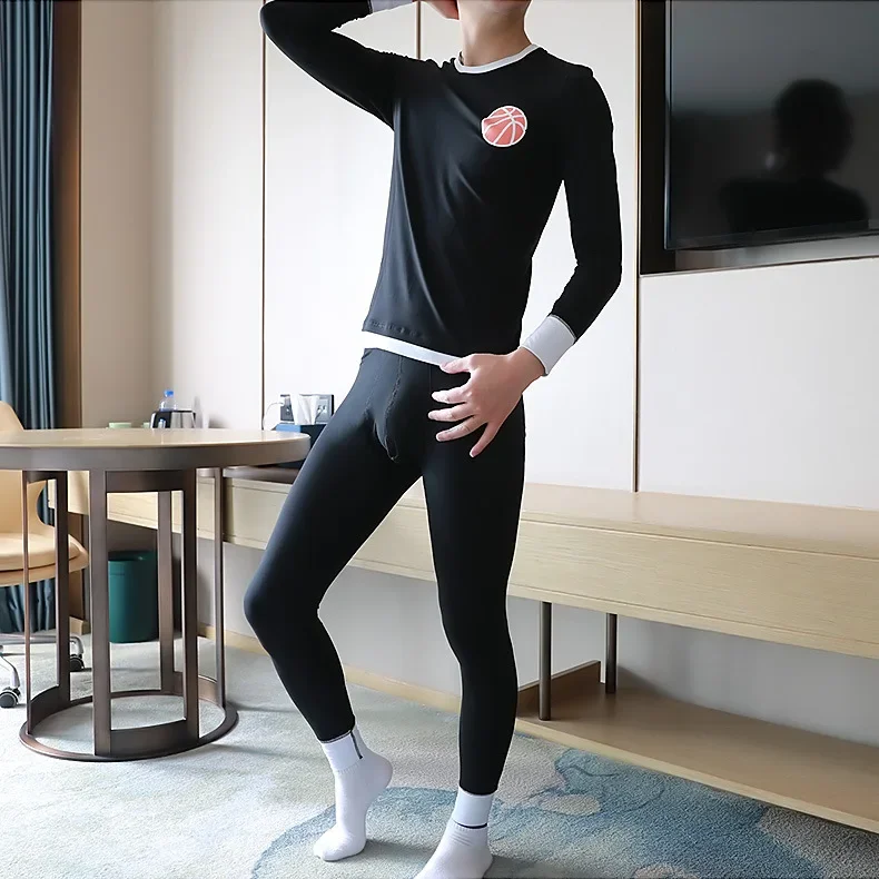 Men\'s Warm Thermal Underwear Set for Young Boy Thin Autumn Clothes and Pants Teenager Cotton Base Close Fitting Bottoms Lingerie