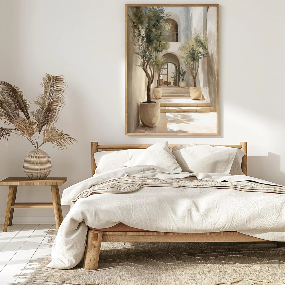 Mediterranean courtyard print-home decor, neutral wall art, kitchen , bedroom, office, minimalist decor, canvas posters, no fram