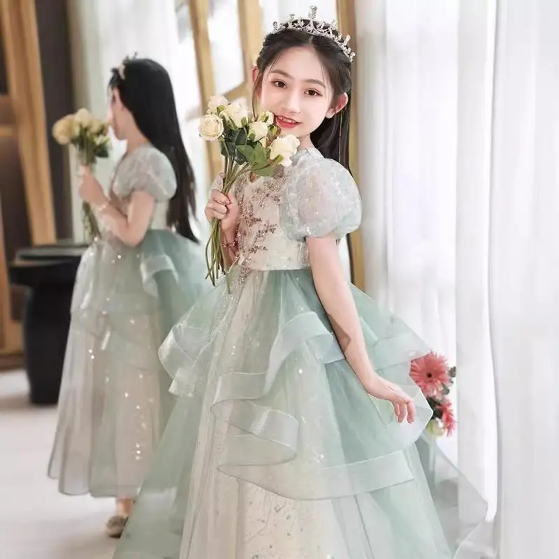 2024 Classic V-Neck Bubble Sleeves Girl Princess Dress Children Tulle Evening Dresses Trend Performance Costume for Kids Girls