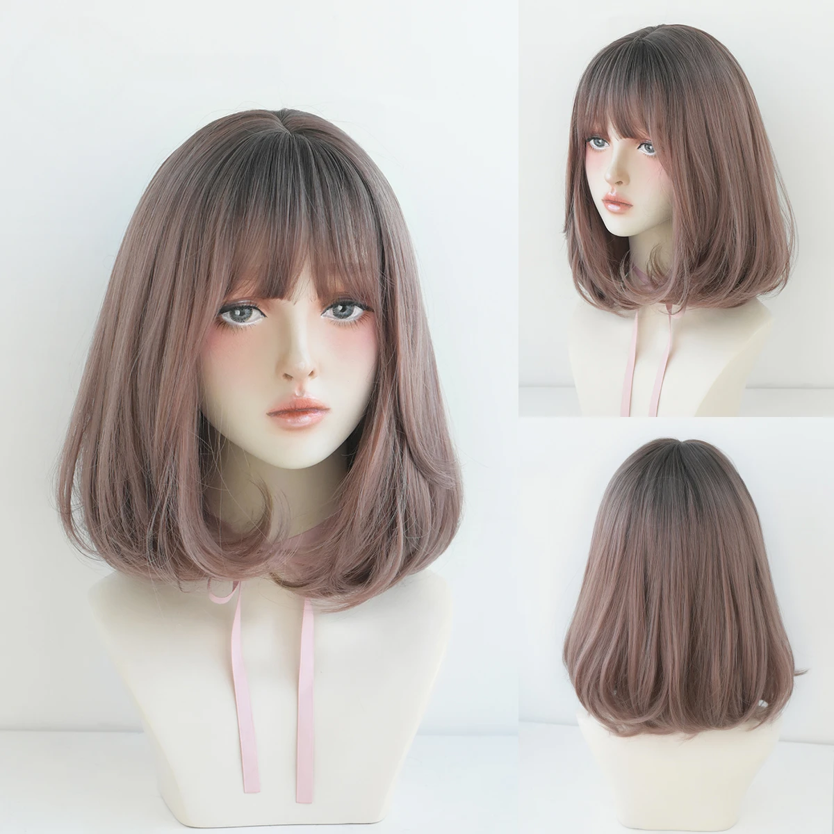 

Short Straight Bob with Bangs Brown Pink Black Natural Synthetic Hair for Women Daily Cosplay Heat Resistant Wigs