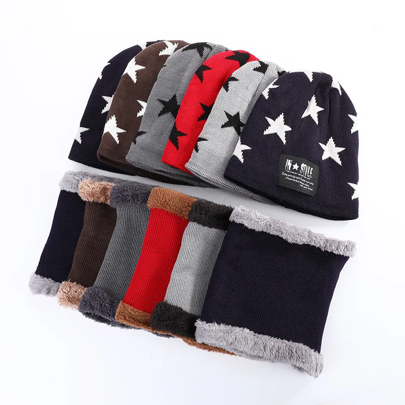 Polyester autumn and winter men's hat Bib two-piece set Plush ear protection neck protection warm star hat knitted hat