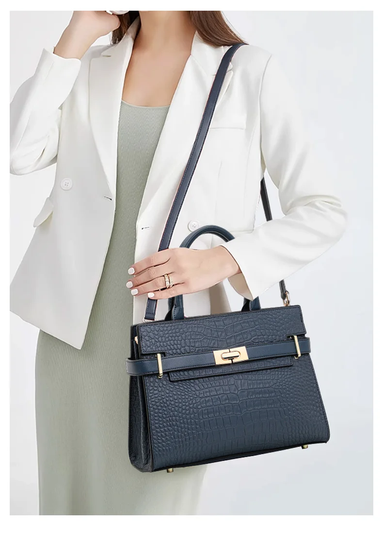 Echte Leder-Handtasche für Damen, Umwandelbar für Umhänge- und Schultertrage, mit Seidenschal, Krokodilmuster-Tragetasche – Detail 3