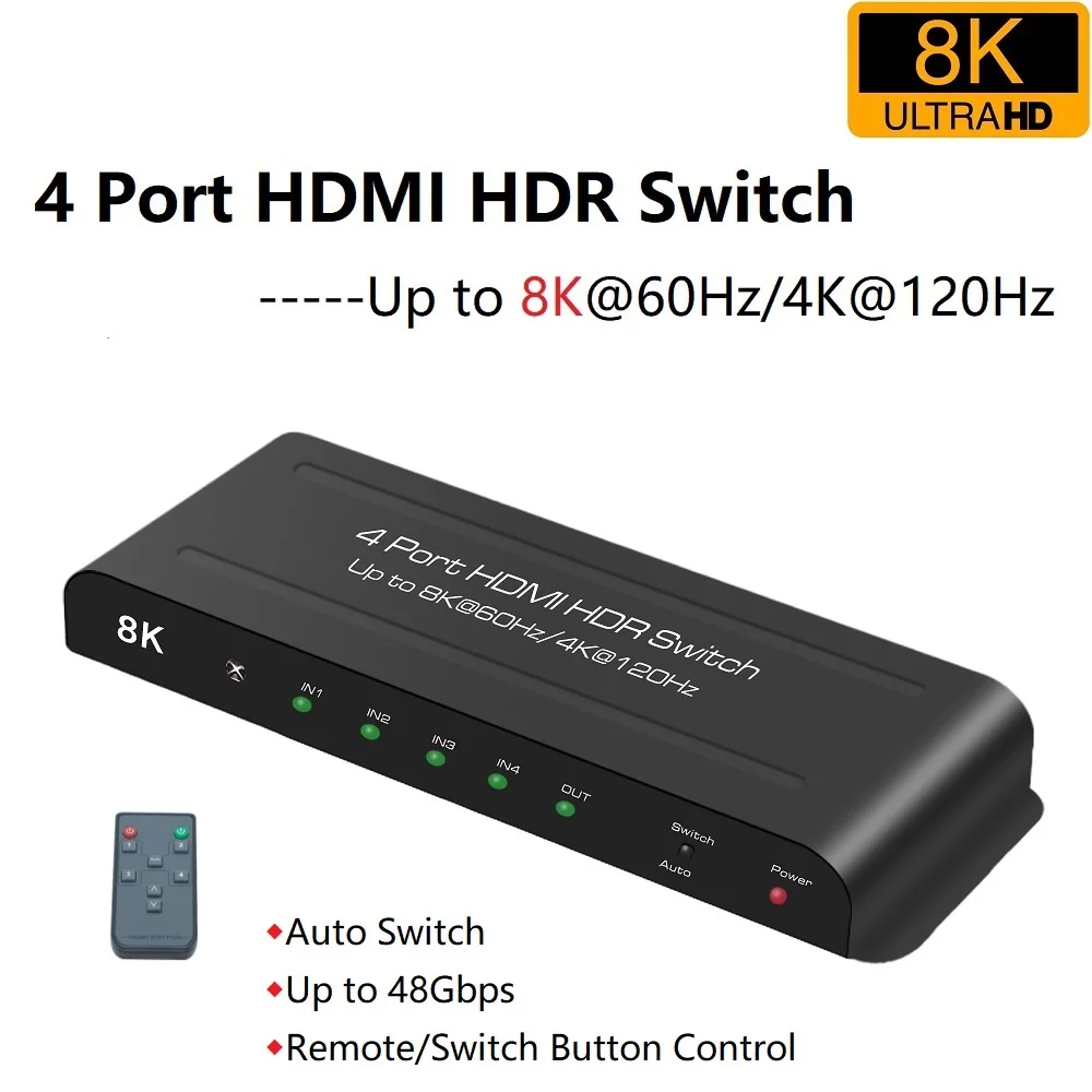 

8K HDMI 2.1 Switcher 4 In 1 HDMI Switch 4x1 HDCP2.3 Auto Switch IR Control 4K120Hz HDR10+ VRR HLG HDR ALL Dolby Vision Atmos AC3