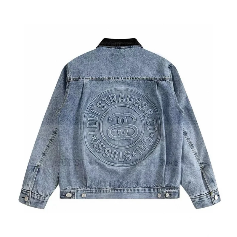 Washed Denim Jacket Vintage Patchwork Turn Down Collar Coat Men Long Sleeve Casual Coats Fashion Pockets Jacket Winter Tops