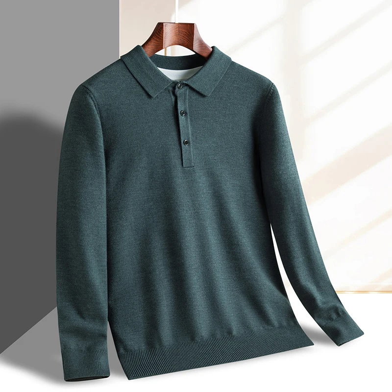 

Fashion luxurious men's knitted long sleeve polo shirt solid color comfort autumn new warm high-quality lapel sweater pullover