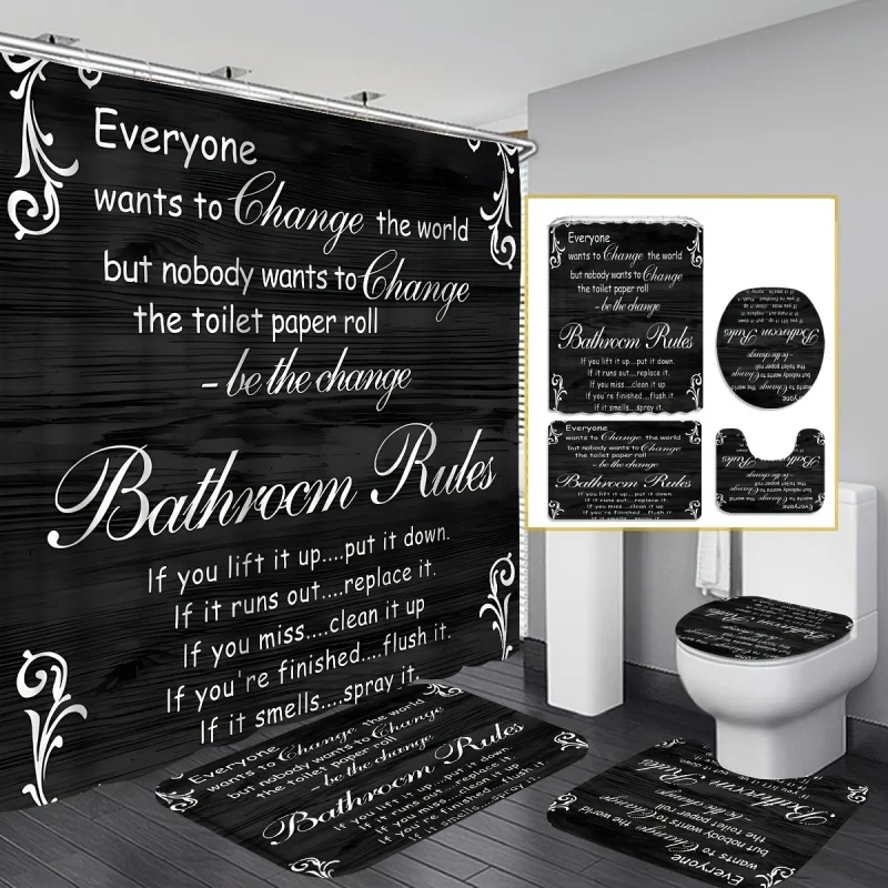 4pcs Toilet Rules Shower Curtain, Waterproof Shower Curtain With 12 Hooks, Bathroom Rug, Toilet U-Shape Mat, Toilet Lid Cover