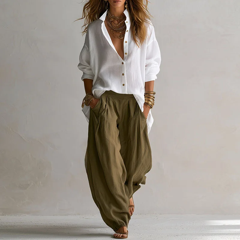 Vintage Two Piece Sets Women Loose Turn Down Collar Blouse High Waist Pocket Wide Leg Trousers Outfits Casual Travel Beach Suits