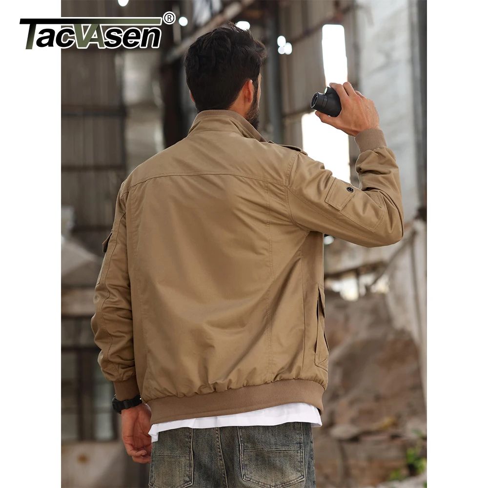 TACVASEN Men\'s Bomber Jacket Casual Cotton Outerwear Autumn Windbreaker Cargo Working Jacket with Multi Pockets