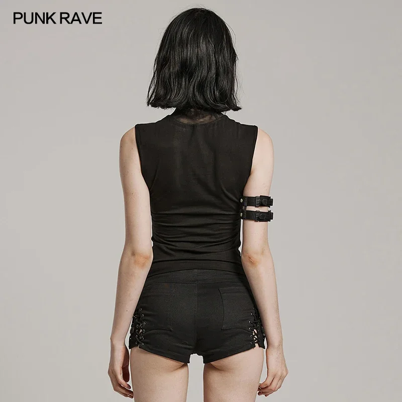 PUNK RAVE Women\'s Gothic Pleats Skeleton Shape Tee Slim Fitting Mesh Neckline Sexy Black Vest Tops Women Clothes Summer