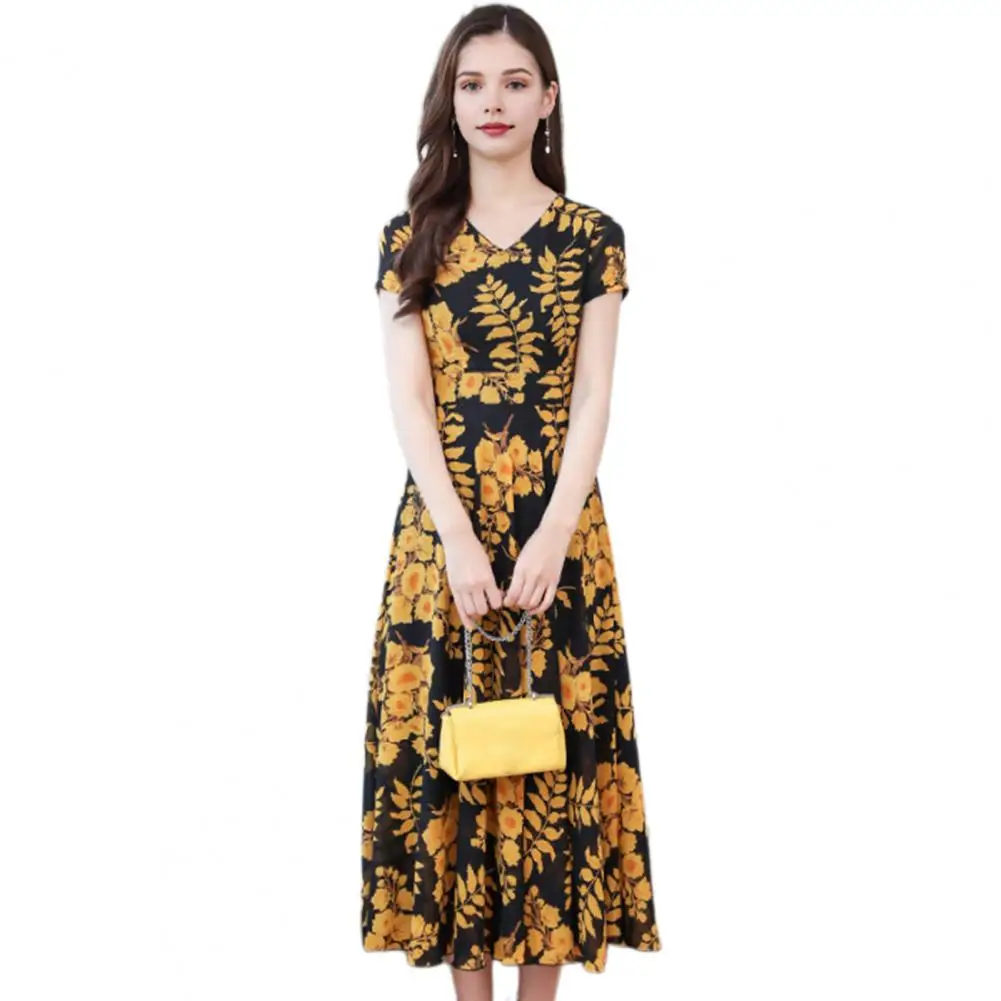 Loose Cut Dress Elegant V-neck Midi Dress with Flowy Hem Leaf Print Office Dress Soft Lightweight Cotton Blend Party for Women