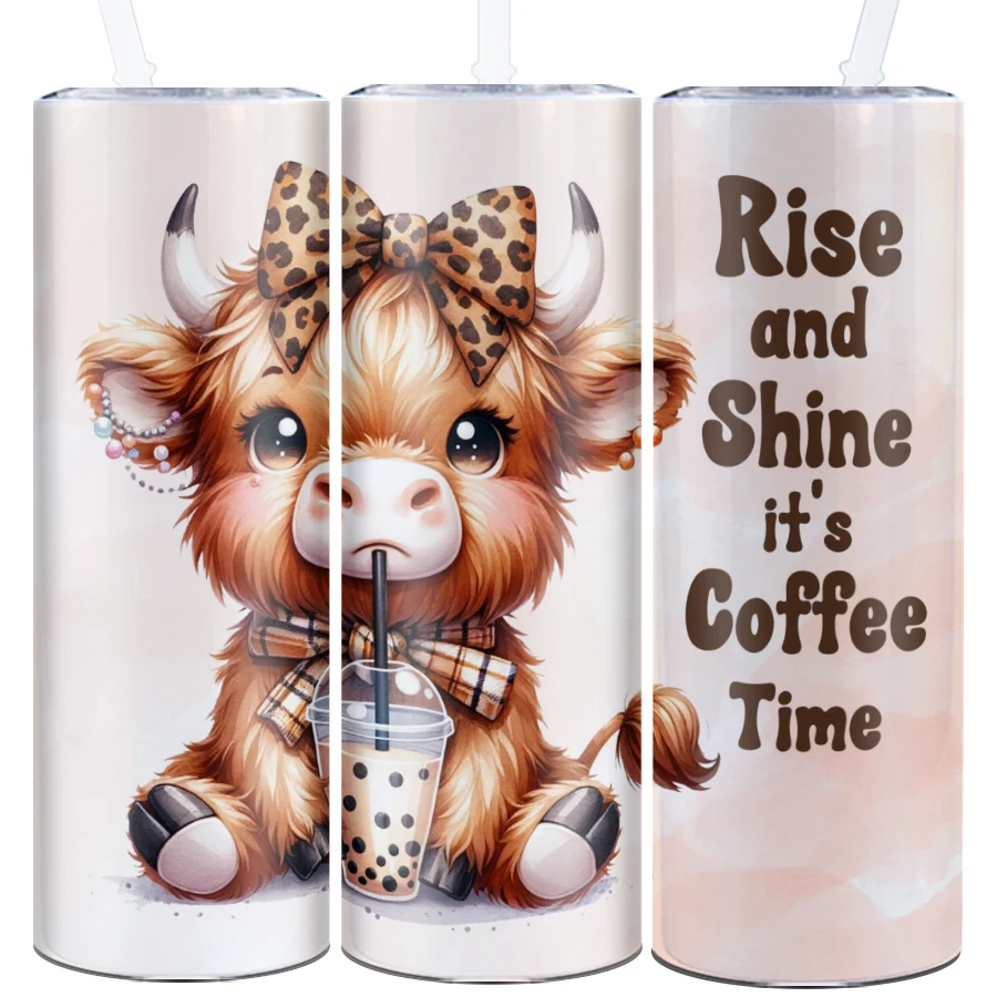 1Pc Travel Coffee Mug Straw Lid 20oz Stainless Steel Hot Cold Insulated Straight Water Bottle 3D Print Cow Christmas Tumblers