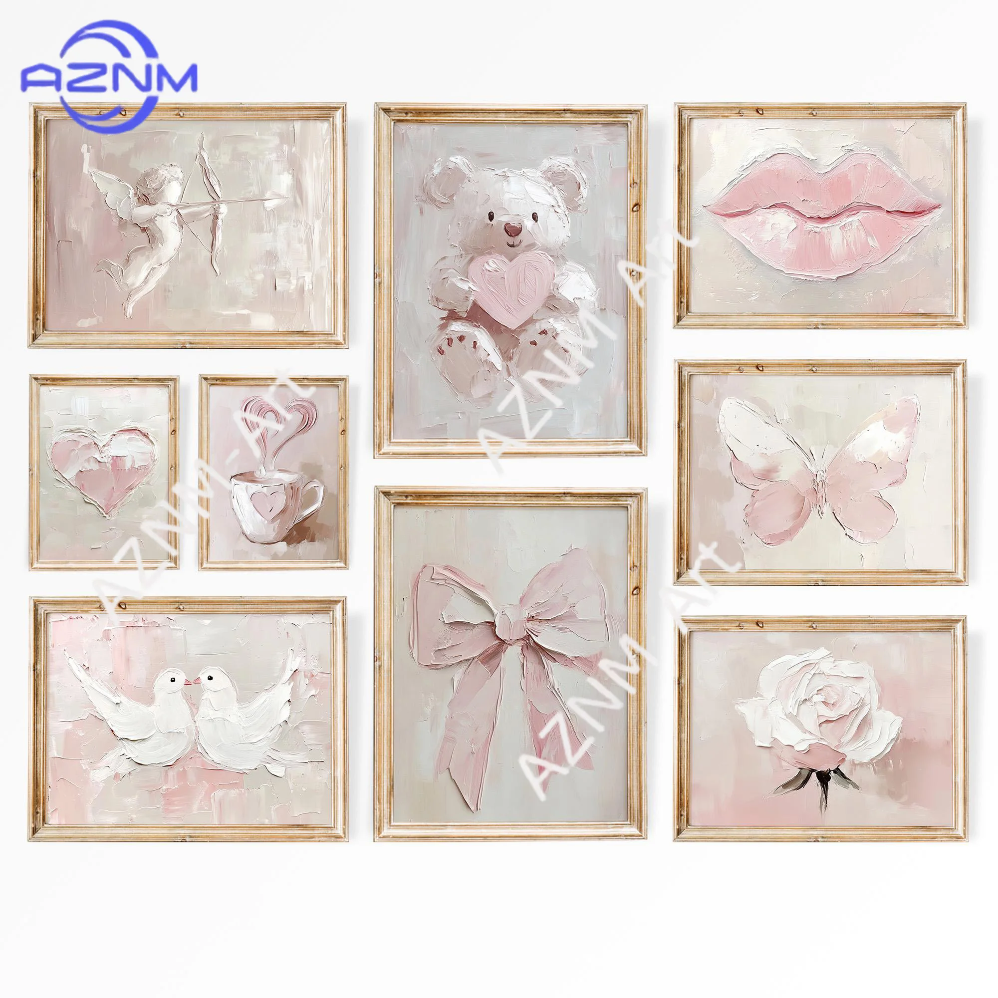 Retro Einfaches Ölgemälde Rosa Schleife Amor Bär Lippen Poster Leinwanddruck Kunstbilder Heim Zimmer Wanddekoration Geschenk