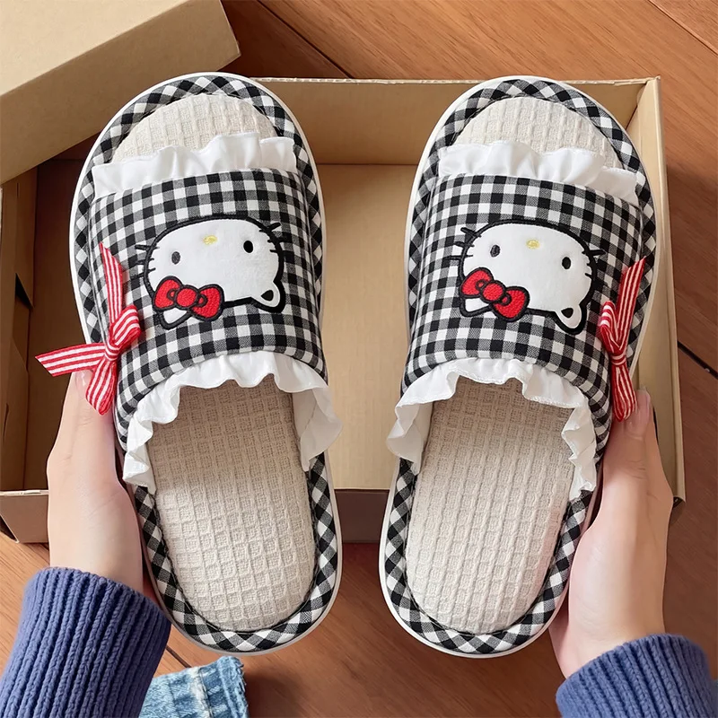 Pantuflas de Dibujos Animados para Mujer, Hello Kitty, Estilo Primavera-Otoño, Sanrio, Antideslizantes para Interiores, Suela Suave, de Lino, Lindas Pantuflas para Chicas