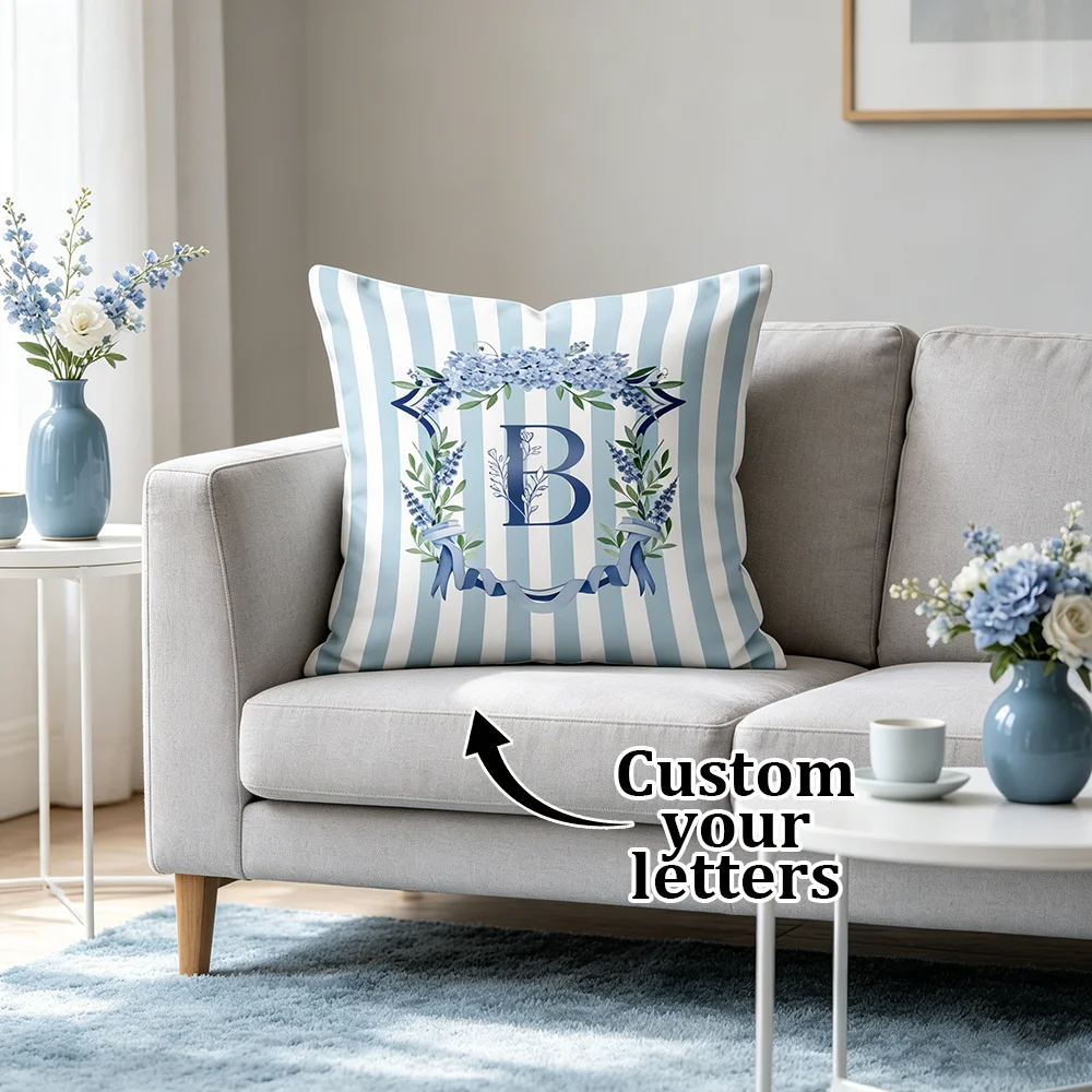 1PC Custom Monogram Letter Pillow Cover, Stripe Floral Wreath Print, Personalized Cushion Case for Sofa Bedroom Home Decor Gift